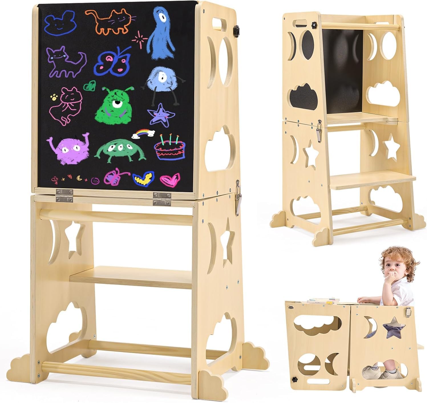 Toddler Learning Tower - 折りたたみ式幼児用キッチンタワー、安全レール付きベビーモンテッソーリキッチンヘルパー、子供用木製学習タワー調節可能な踏み台