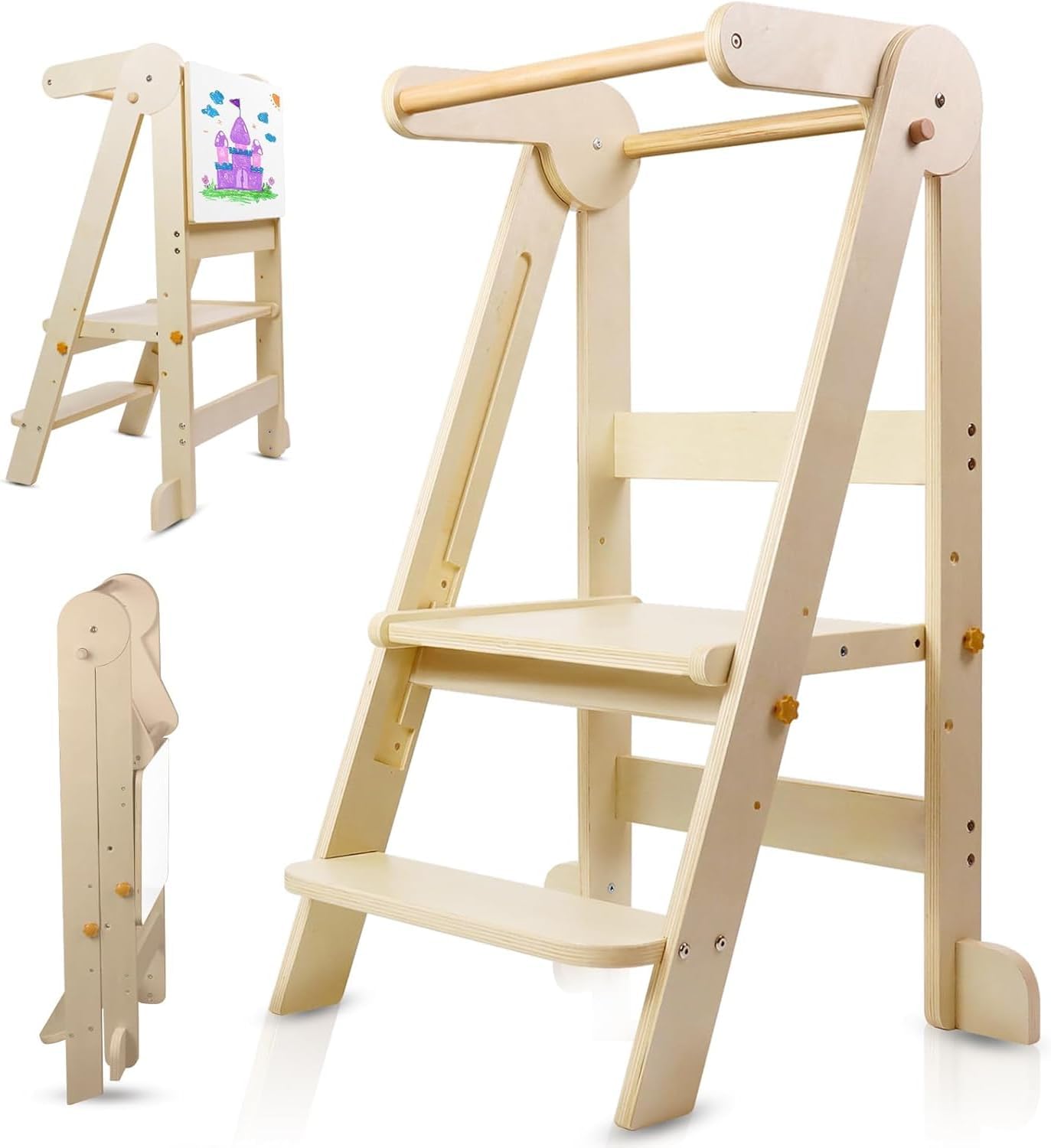 Toddler Learning Tower - 折りたたみ式幼児用キッチンタワー、ホワイトボードと安全レール付きベビーモンテッソーリキッチンヘルパー、子供用学習タワー踏み台