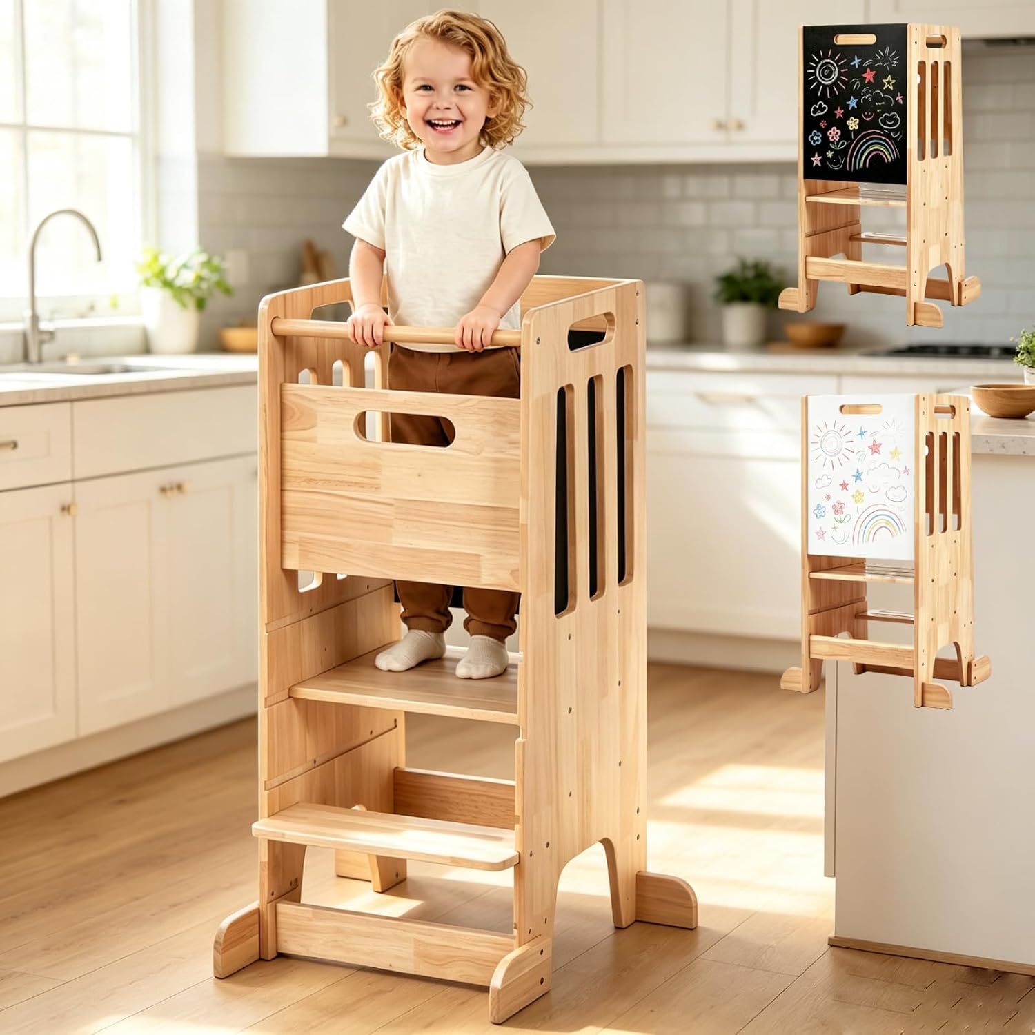 Toddler Learning Tower - 幼児用スタンディングタワー、木製キッチンヘルパーステップスツール、子供用モンテッソーリ学習用スツール、キッチン用高さ調節可能