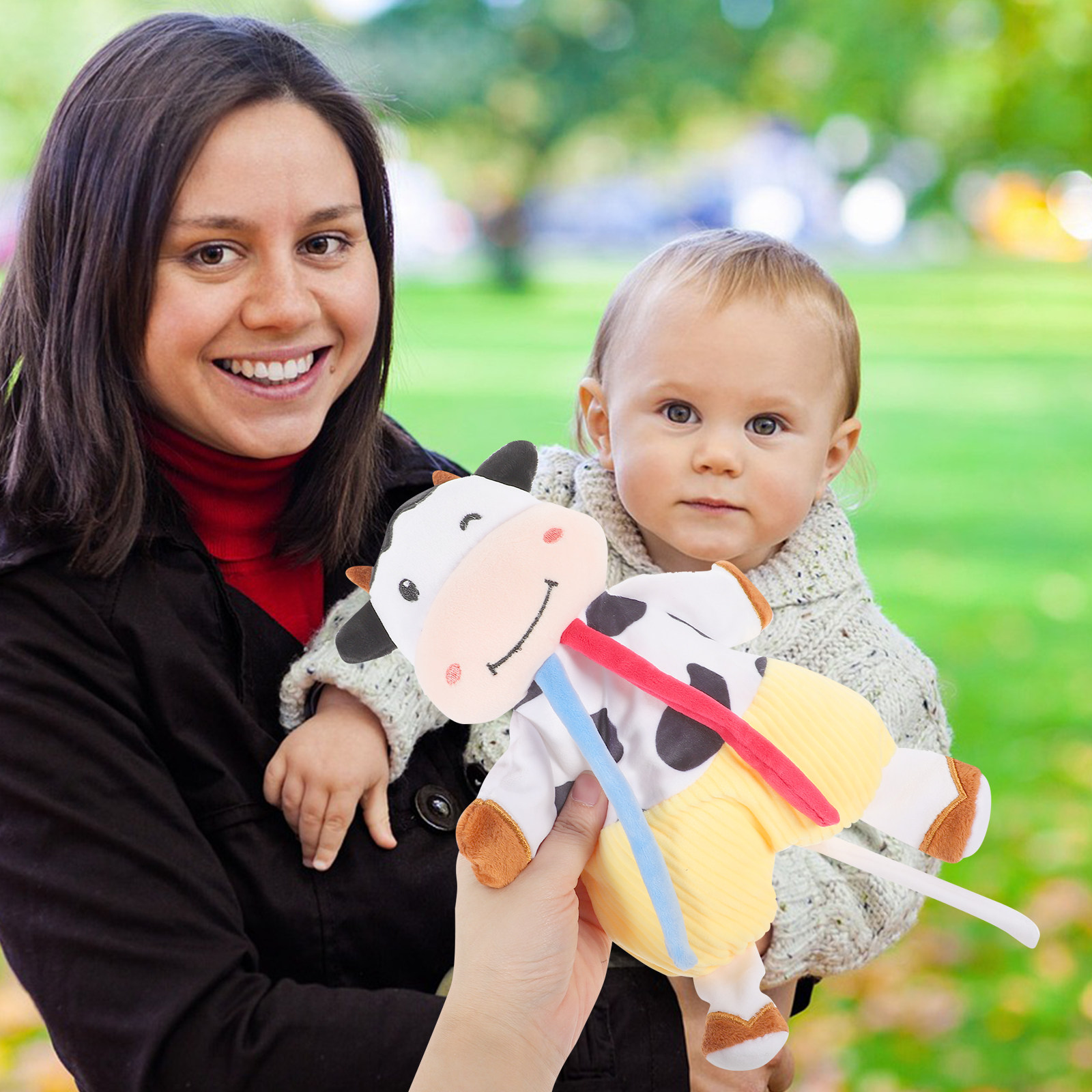 Baby Teethers - 1個入りベビー用おしゃぶりブランケット、漫画の牛の形、安全な噛み心地の柔らかい素材、聴覚を刺激する快適さ
