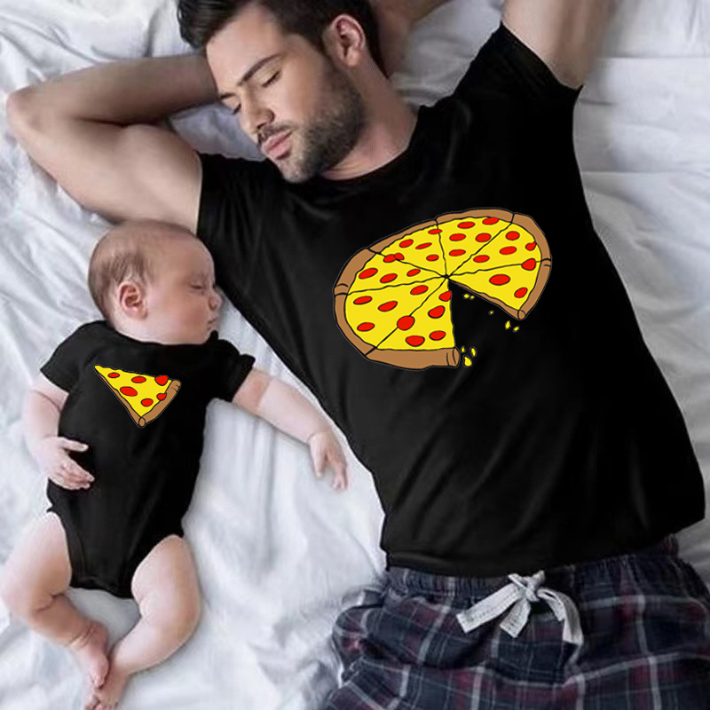 面白いピザプリント父母子供用Tシャツベビーボディスーツ綿夏家 - Baby Products Manufacturers のレビューと価格