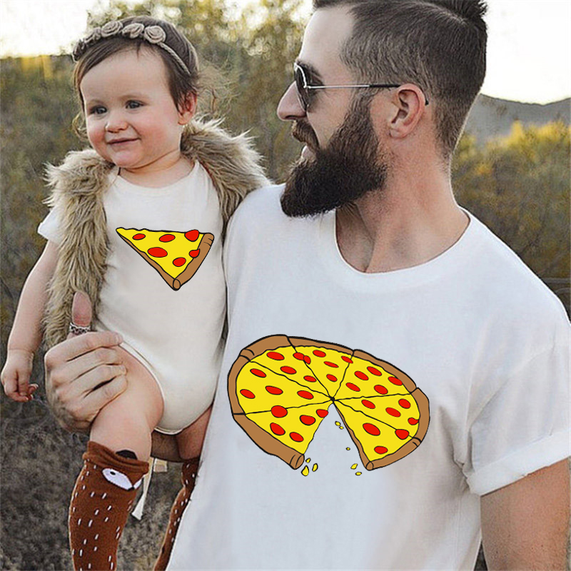 面白いピザプリント父母子供用Tシャツベビーボディスーツ綿夏家 - Baby Products Manufacturers のレビューと価格